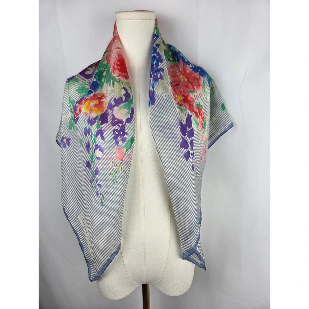 VTG 1980's Ralph Lauren Silk Scarf 34x34 Blue White Striped Floral Cottagecore